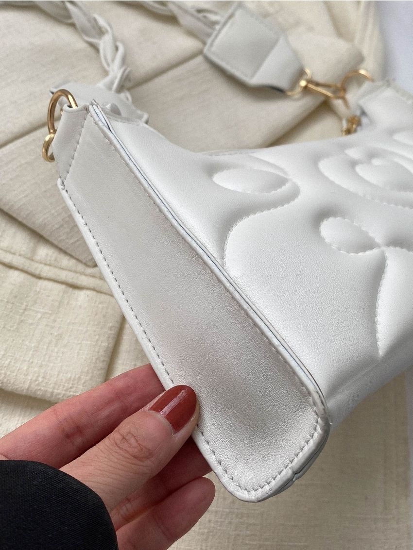 Heart Quilted Baguette Bag Small White