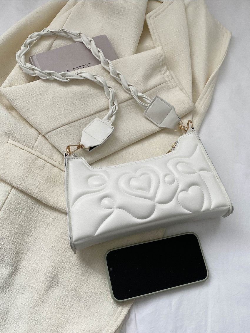 Heart Quilted Baguette Bag Small White