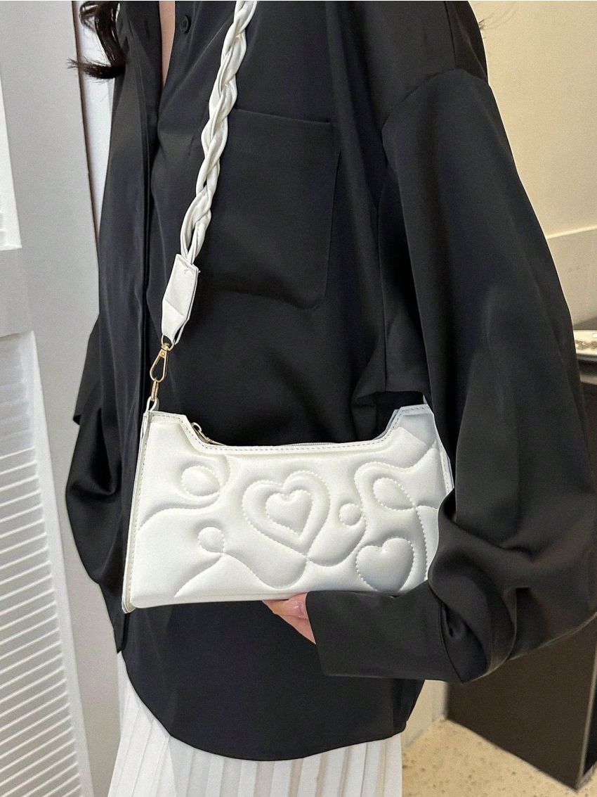 Heart Quilted Baguette Bag Small White