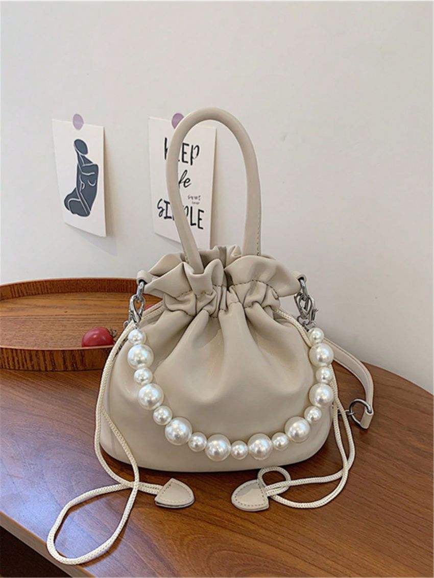 Faux Pearl Beaded Bucket Bag Drawstring Design Beige