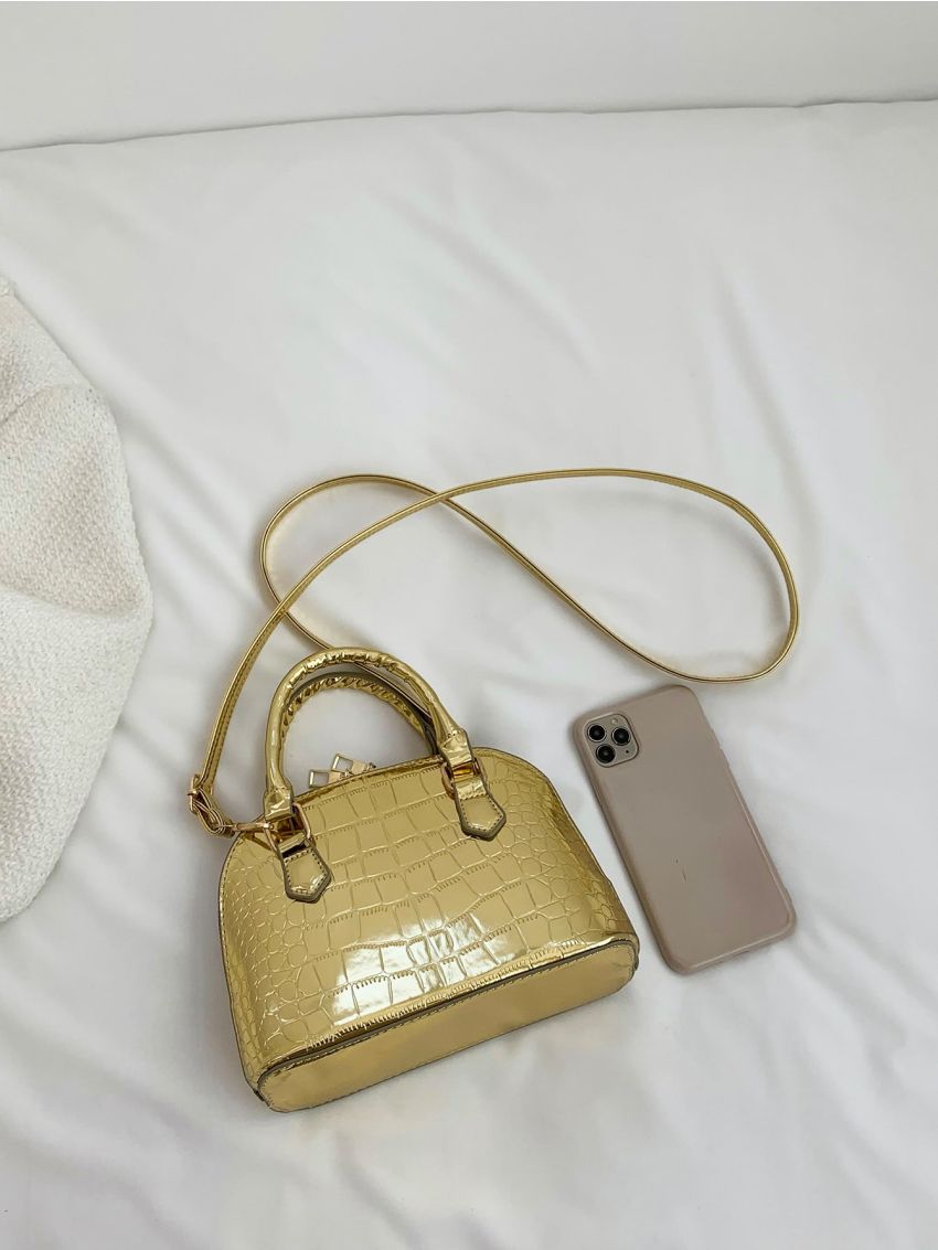 Mini Dome Bag Crocodile Print Funky Zipper With Adjustable-strap For Outdoor Travel