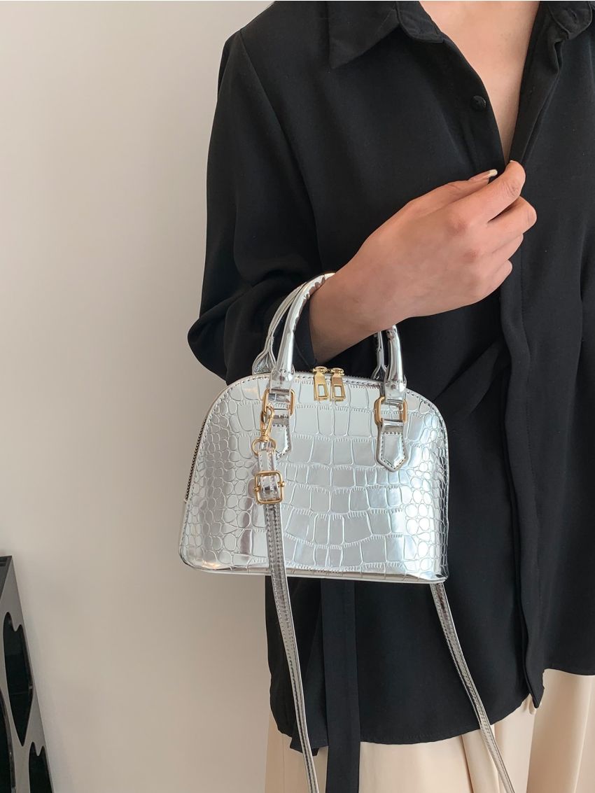 Crocodile Embossed Dome Bag Small Double Handle Funky