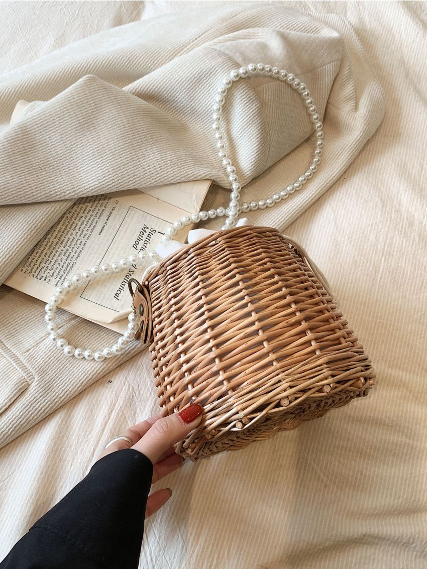 Mini Straw Bag Faux Pearl Decor Drawstring Detail Vacation
