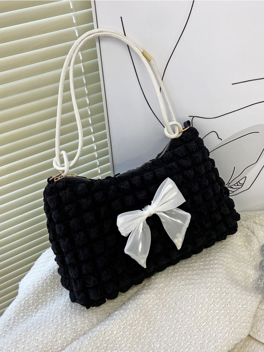 Medium Ruched Bag Bow Decor Preppy Style