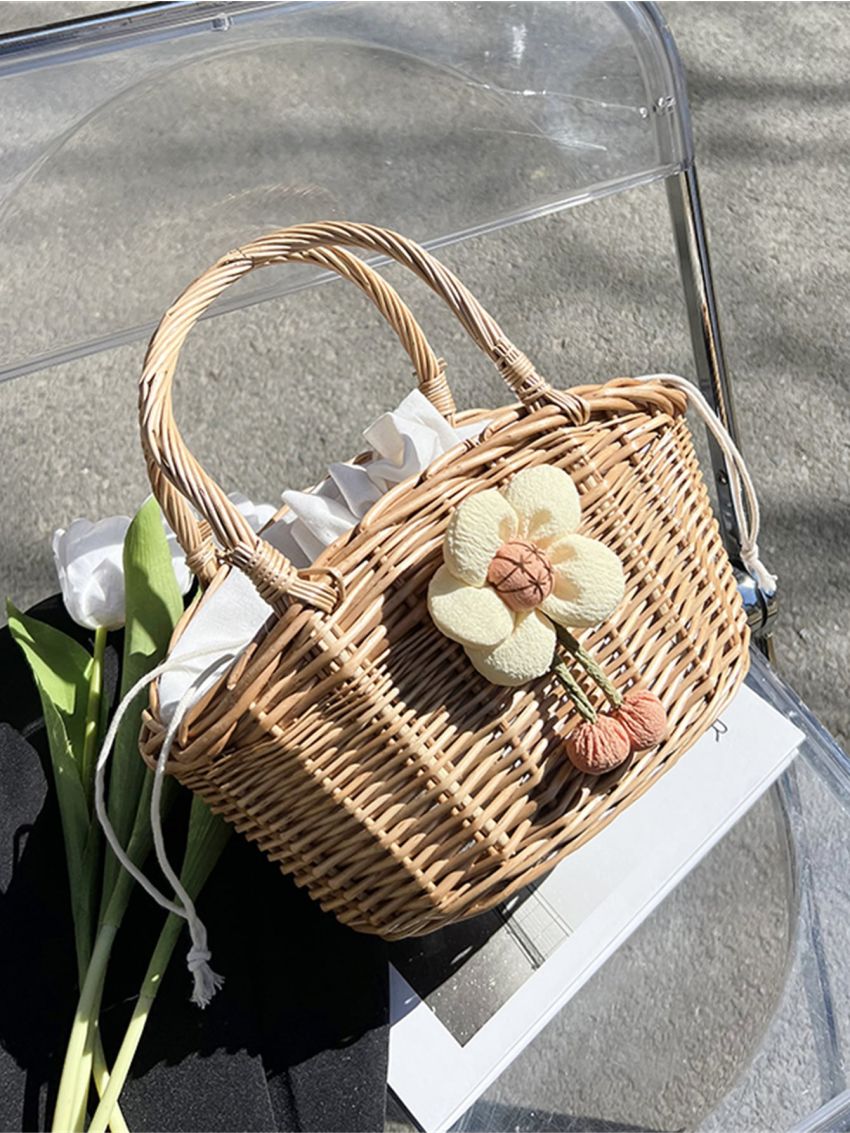 Medium Straw Bag Double Handle Flower Decor