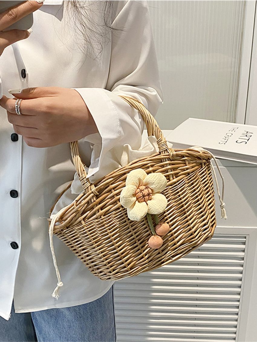 Medium Straw Bag Double Handle Flower Decor