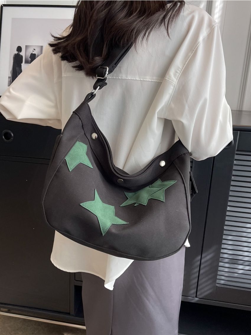 Oversized Hobo Bag Star Patch Decor