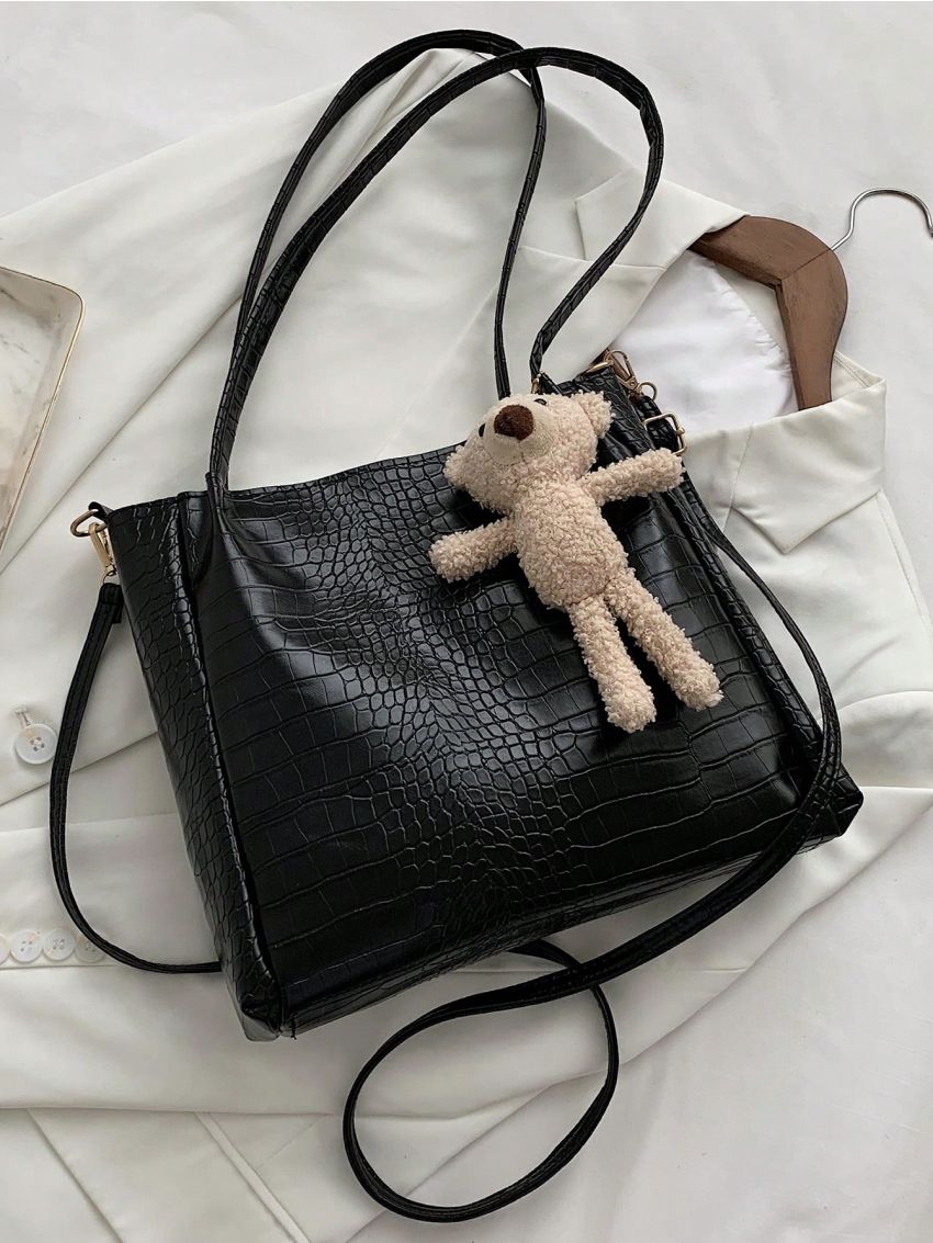 Small Tote Bag Crocodile Embossed With  Cartoon Bear Decor