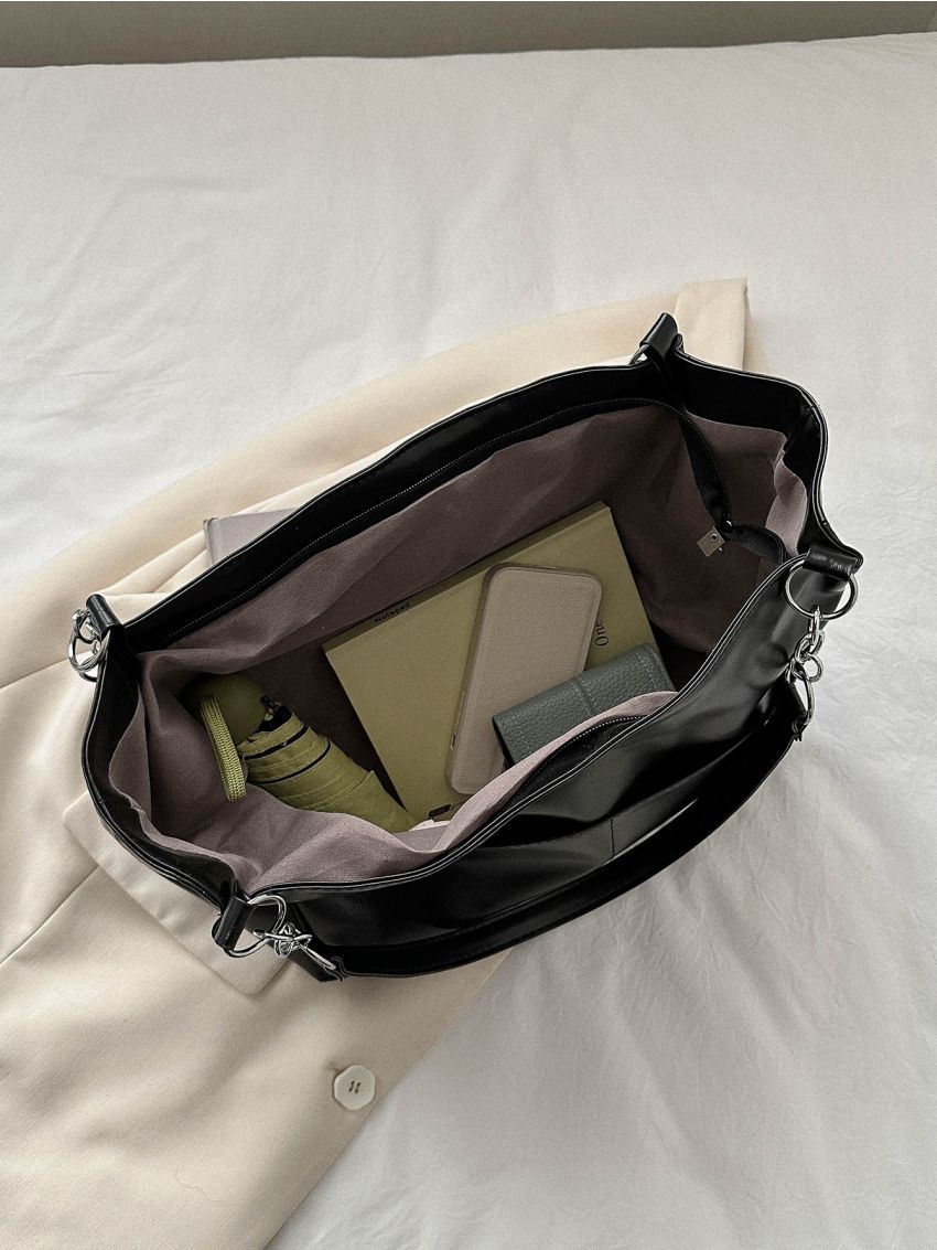 Medium Tote Bag Solid Black Double Handle