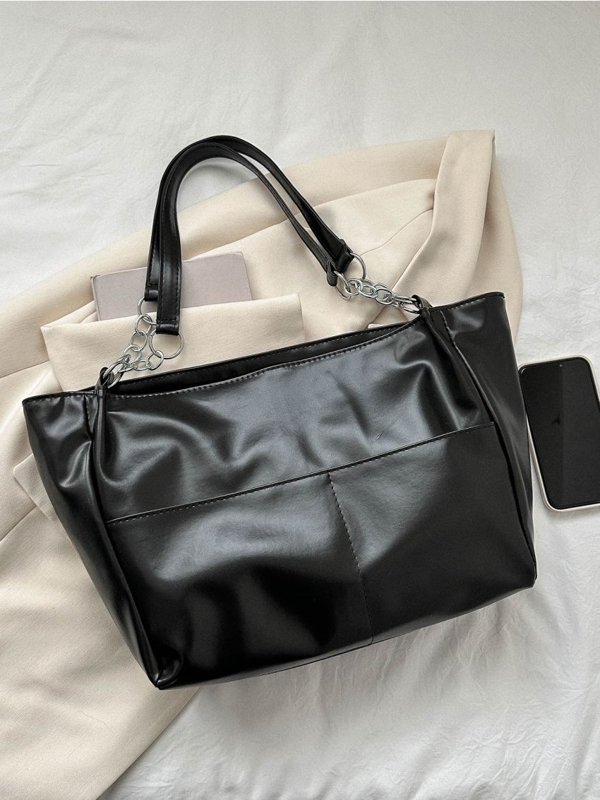 Medium Tote Bag Solid Black Double Handle
