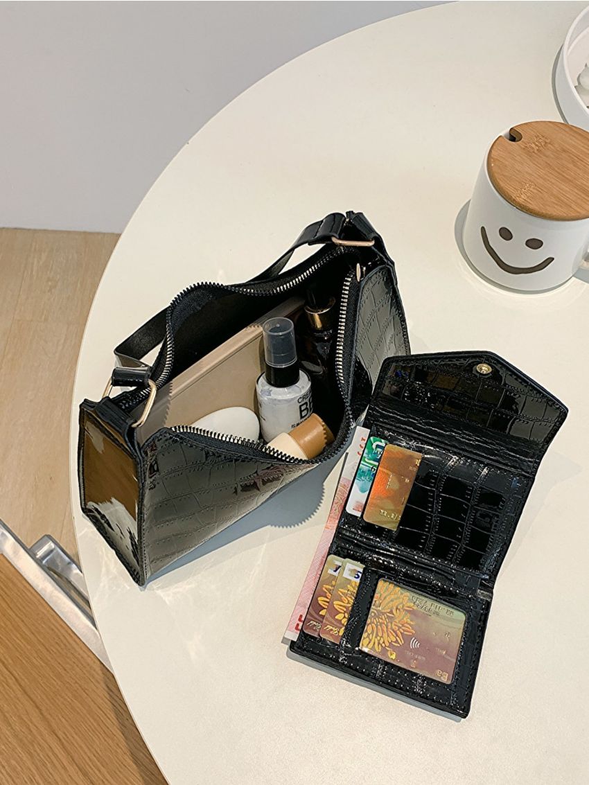 Black Baguette Bag Crocodile Embossed