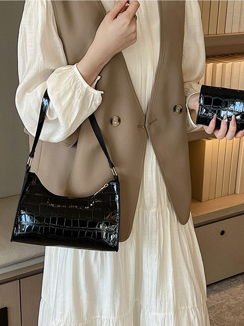 Black Baguette Bag Crocodile Embossed