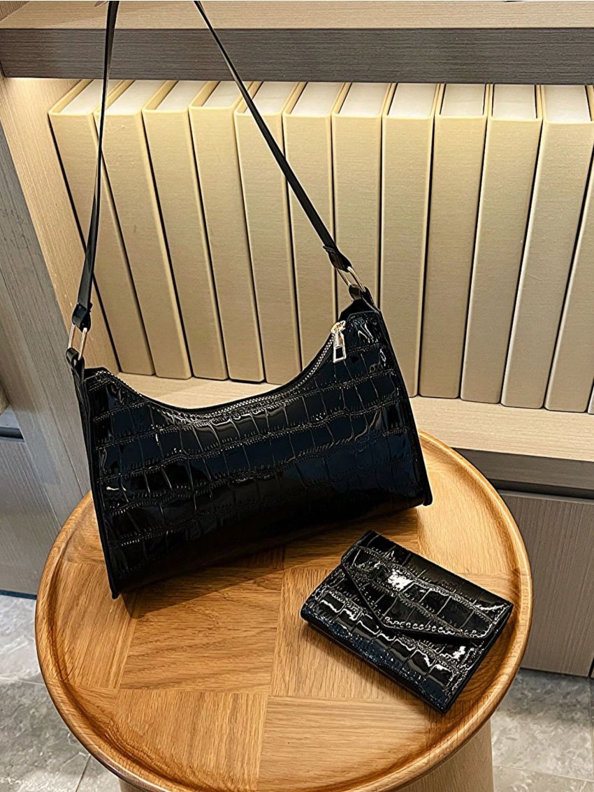 Black Baguette Bag Crocodile Embossed