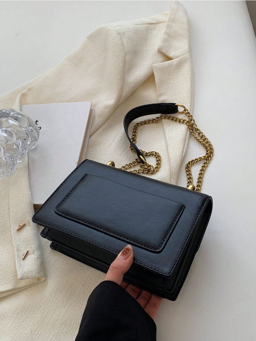 Mini Square Bag Solid Black Chain Strap Elegant Style