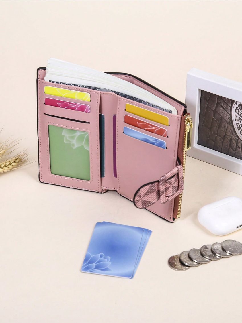 Purple Small Wallet Geometric Pattern Fold Over Zipper