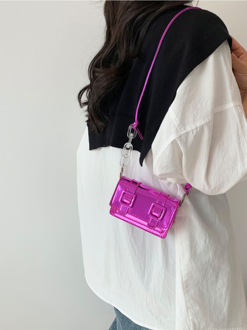 Mini Messenger Bag Buckle Decor Metallic PU Funky