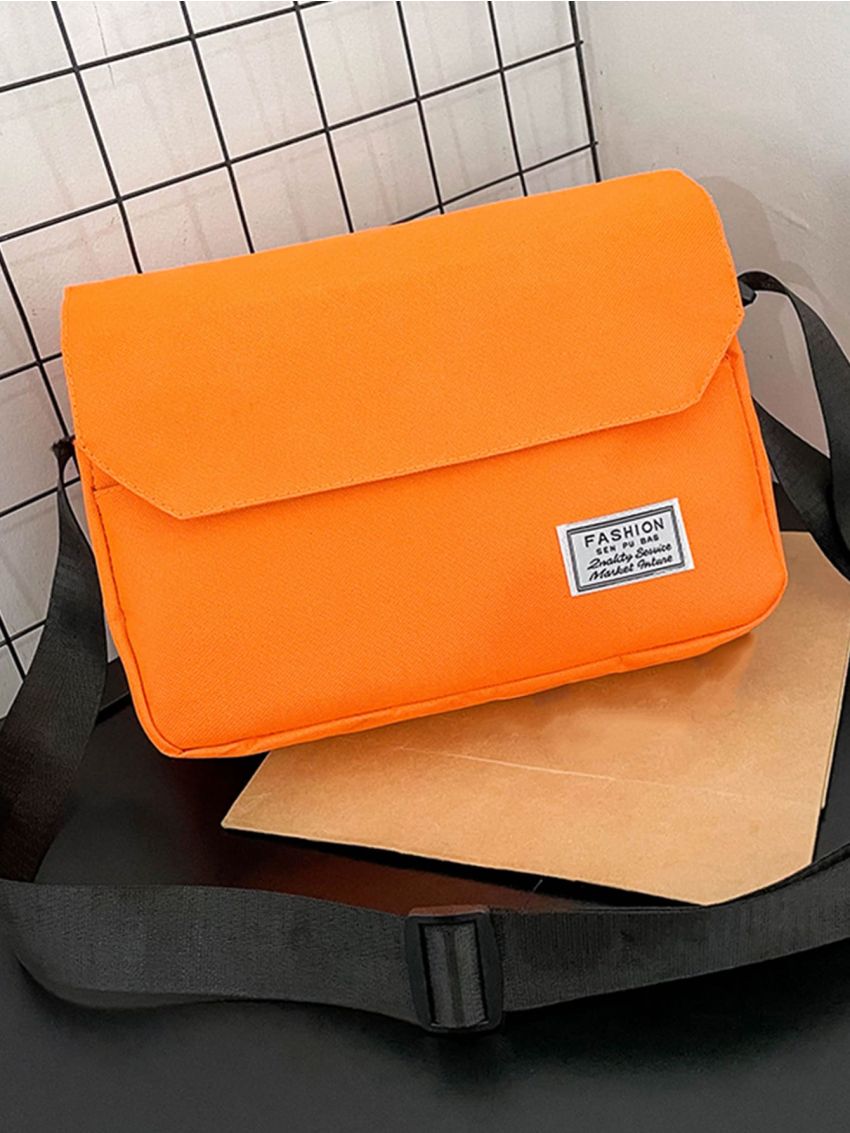 Medium Messenger Bag Letter Patch Decor Neon Orange