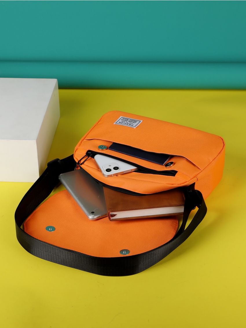 Medium Messenger Bag Letter Patch Decor Neon Orange