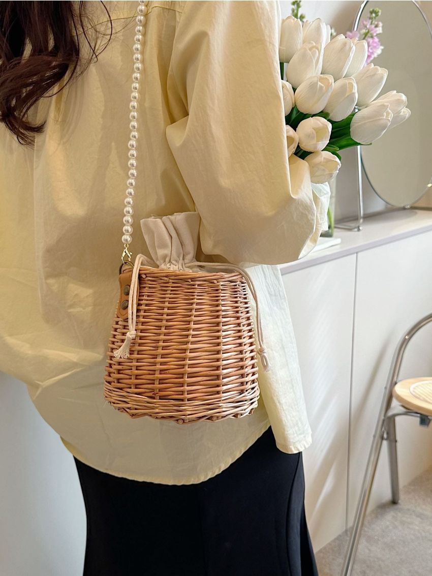 Mini Straw Bag Faux Pearl Decor Drawstring Design