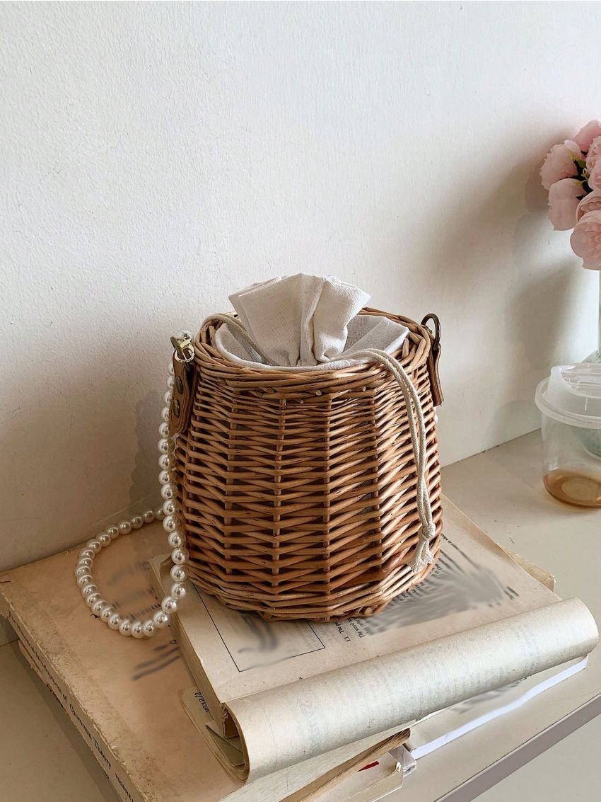 Mini Straw Bag Faux Pearl Decor Drawstring Design