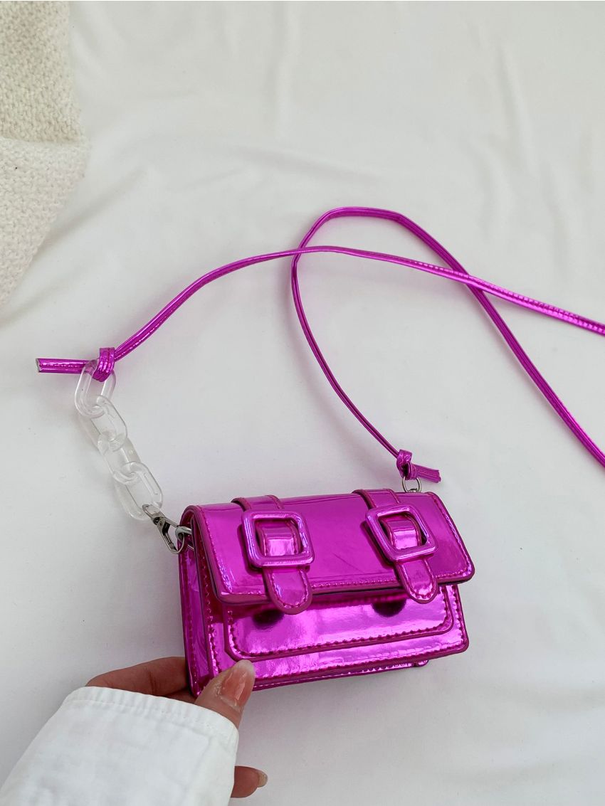 Mini Messenger Bag Buckle Decor Metallic PU Funky