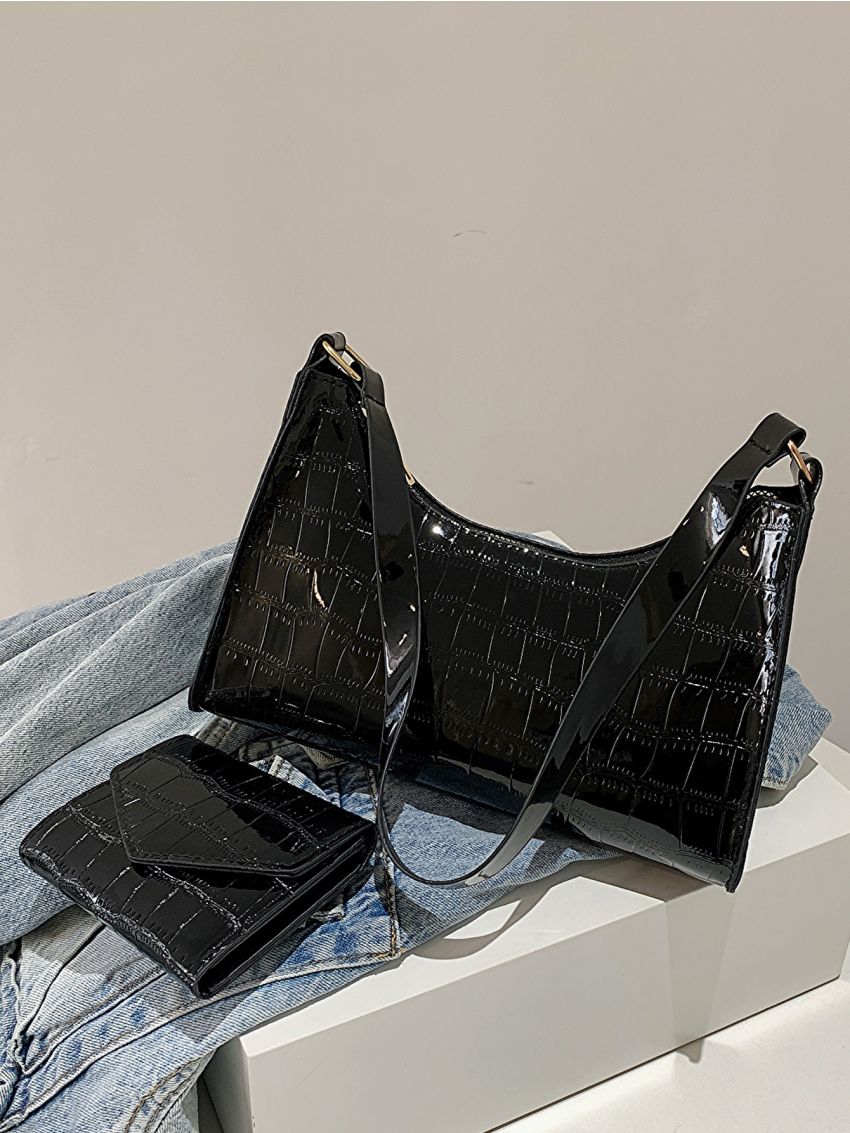 2pcs Shoulder Bag Set Crocodile Embossed Baguette Bag Small Wallet For Daily