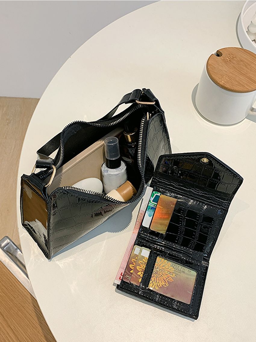 2pcs Shoulder Bag Set Crocodile Embossed Baguette Bag Small Wallet For Daily