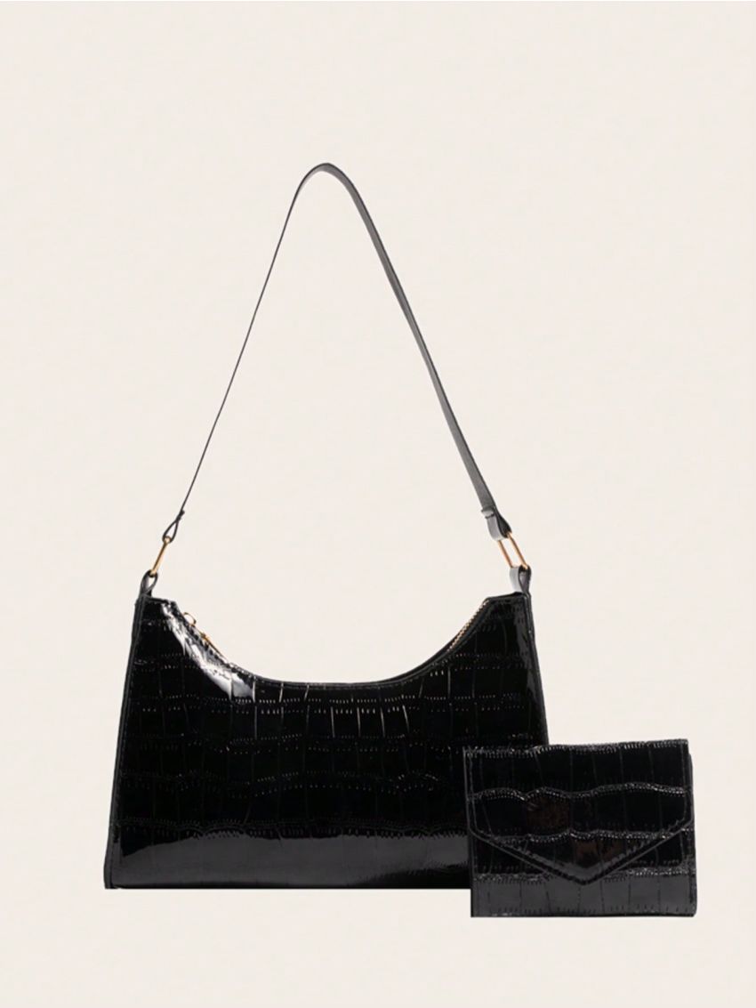 2pcs Shoulder Bag Set Crocodile Embossed Baguette Bag Small Wallet For Daily