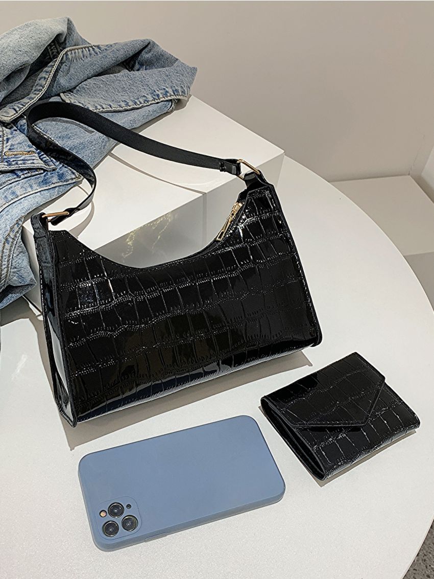 2pcs Shoulder Bag Set Crocodile Embossed Baguette Bag Small Wallet For Daily