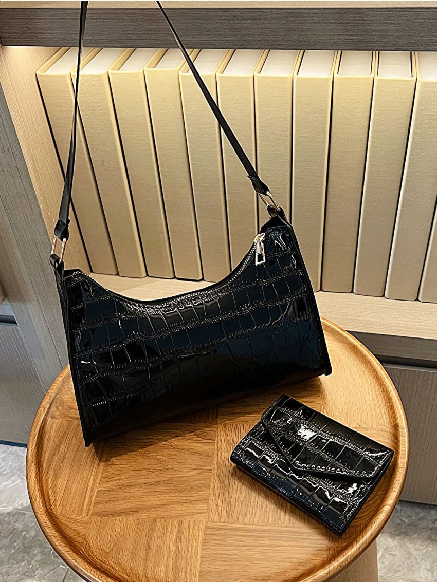 2pcs Shoulder Bag Set Crocodile Embossed Baguette Bag Small Wallet For Daily