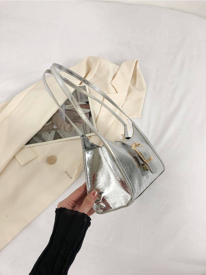 Crocodile Embossed Baguette Bag Silver Buckle Decor Double Handle