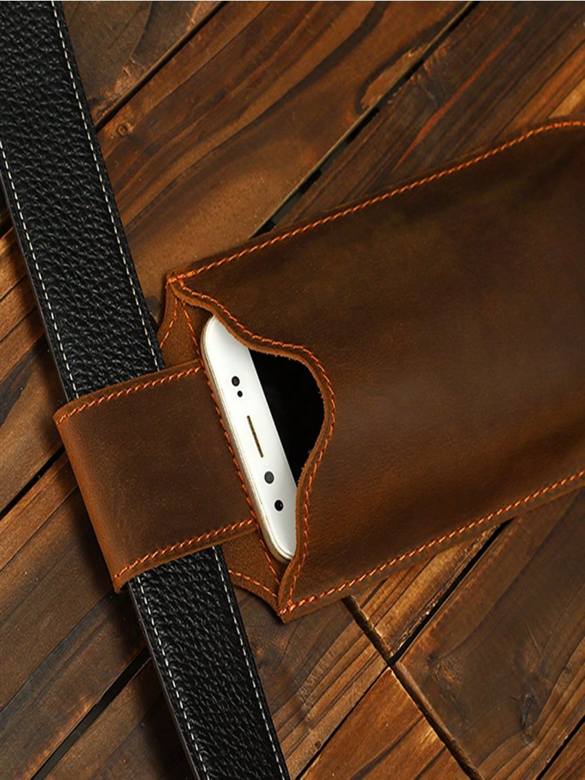 Brown Phone Wallet Genuine Leather Belt Bag For Daily