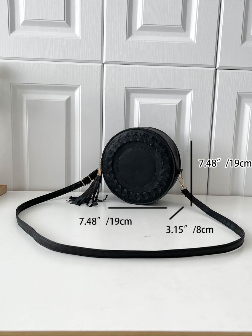Mini Circle Bag Black Fashionable Tassel Decor For Daily