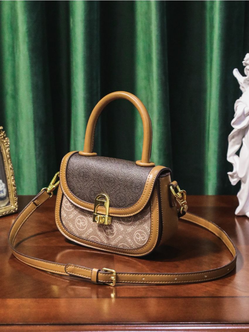 Mini All Over Print Saddle Bag Brown Elegant Top Handle For Work