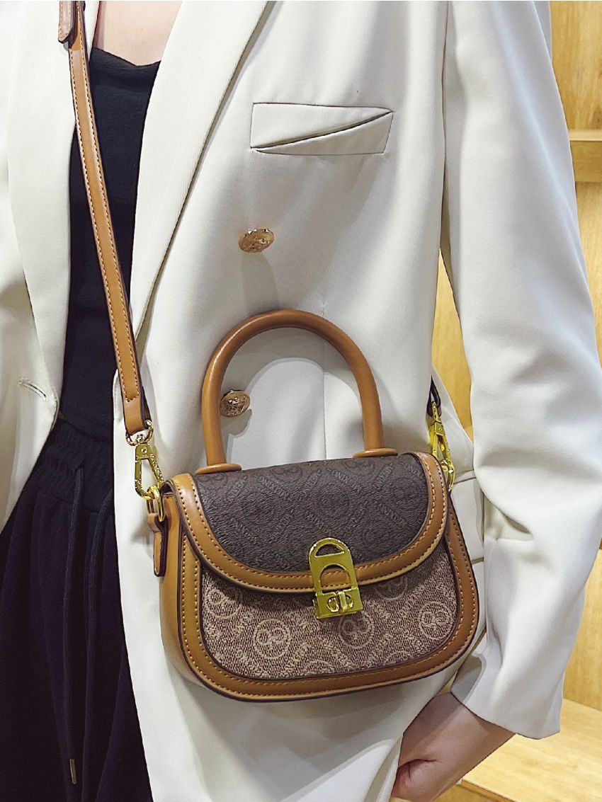 Mini All Over Print Saddle Bag Brown Elegant Top Handle For Work