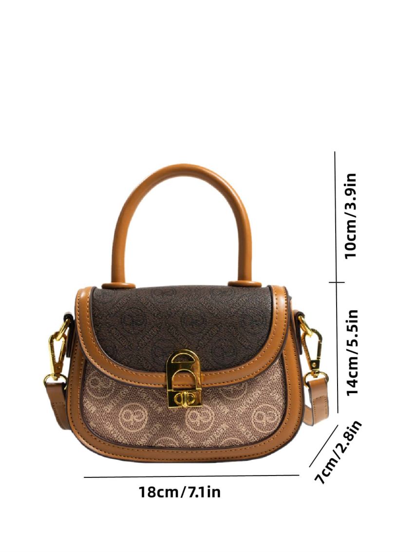 Mini All Over Print Saddle Bag Brown Elegant Top Handle For Work