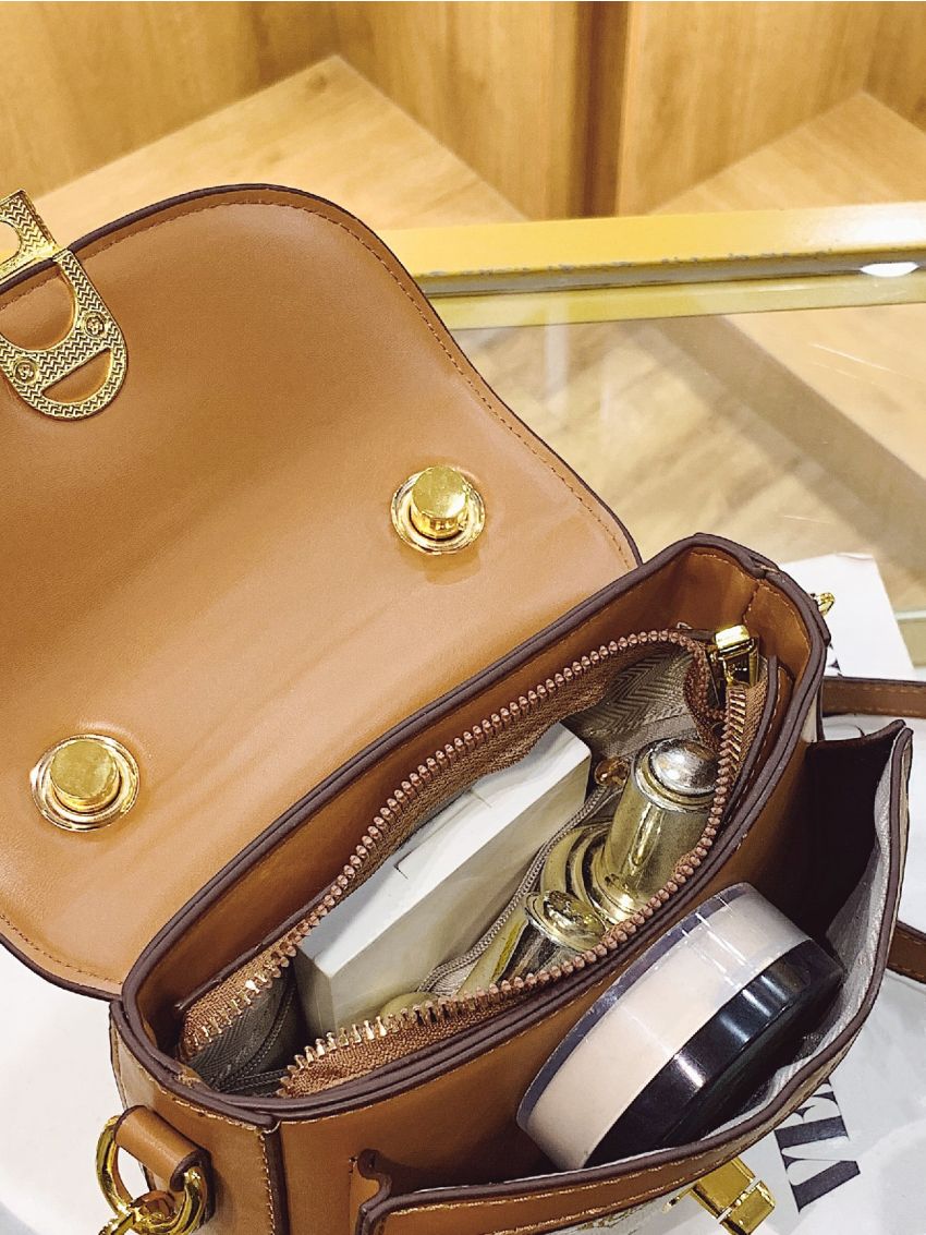 Mini All Over Print Saddle Bag Brown Elegant Top Handle For Work