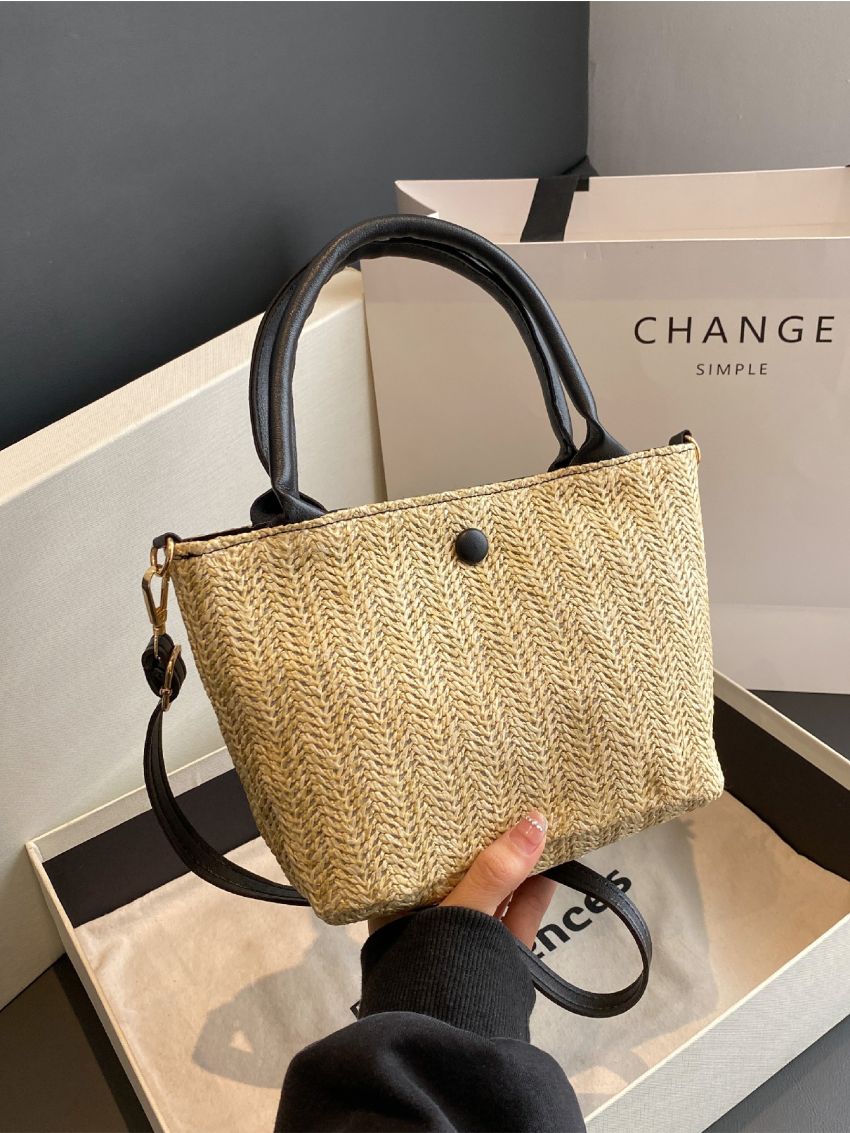 Small Straw Bag Khaki Minimalist Double Handle For Vacation