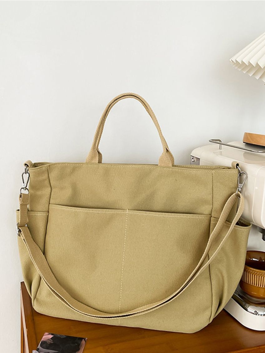 Khaki Shoulder Tote Bag Multi-Pocket Double Handle For Daily