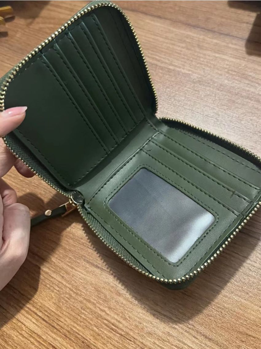 Stitch Detail Small Wallet Green Fashionable Zipper Around For Daily