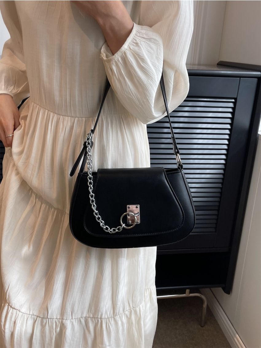 Medium Saddle Bag Black Chain Decor Flap For Daily