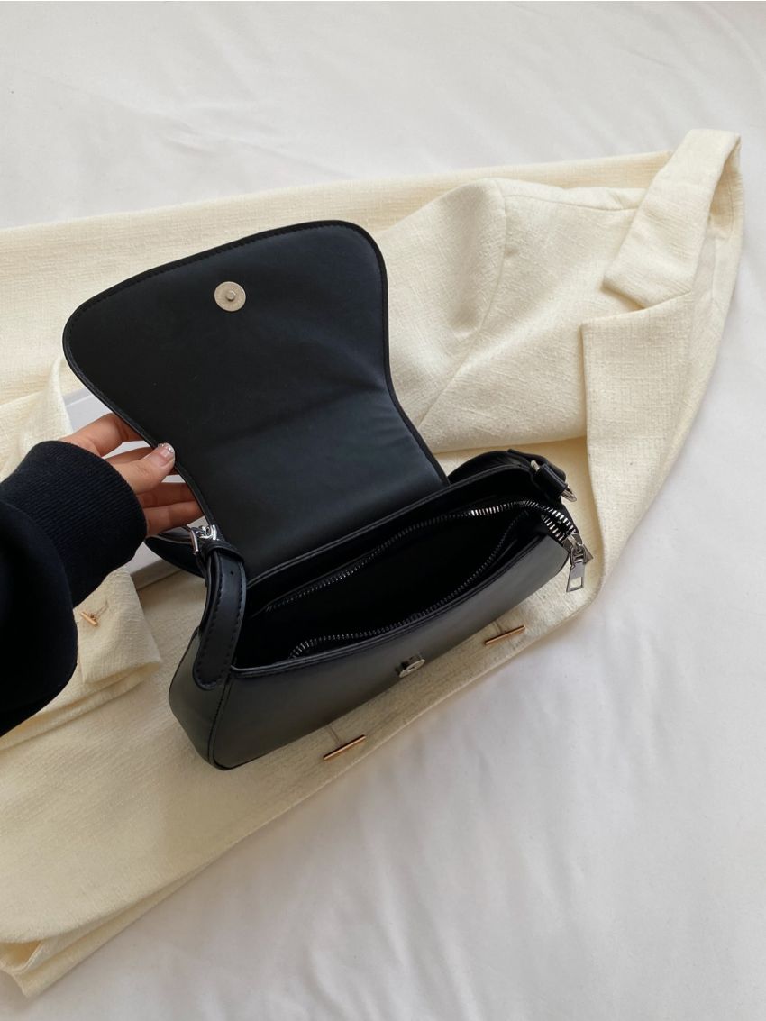 Medium Saddle Bag Black Chain Decor Flap For Daily