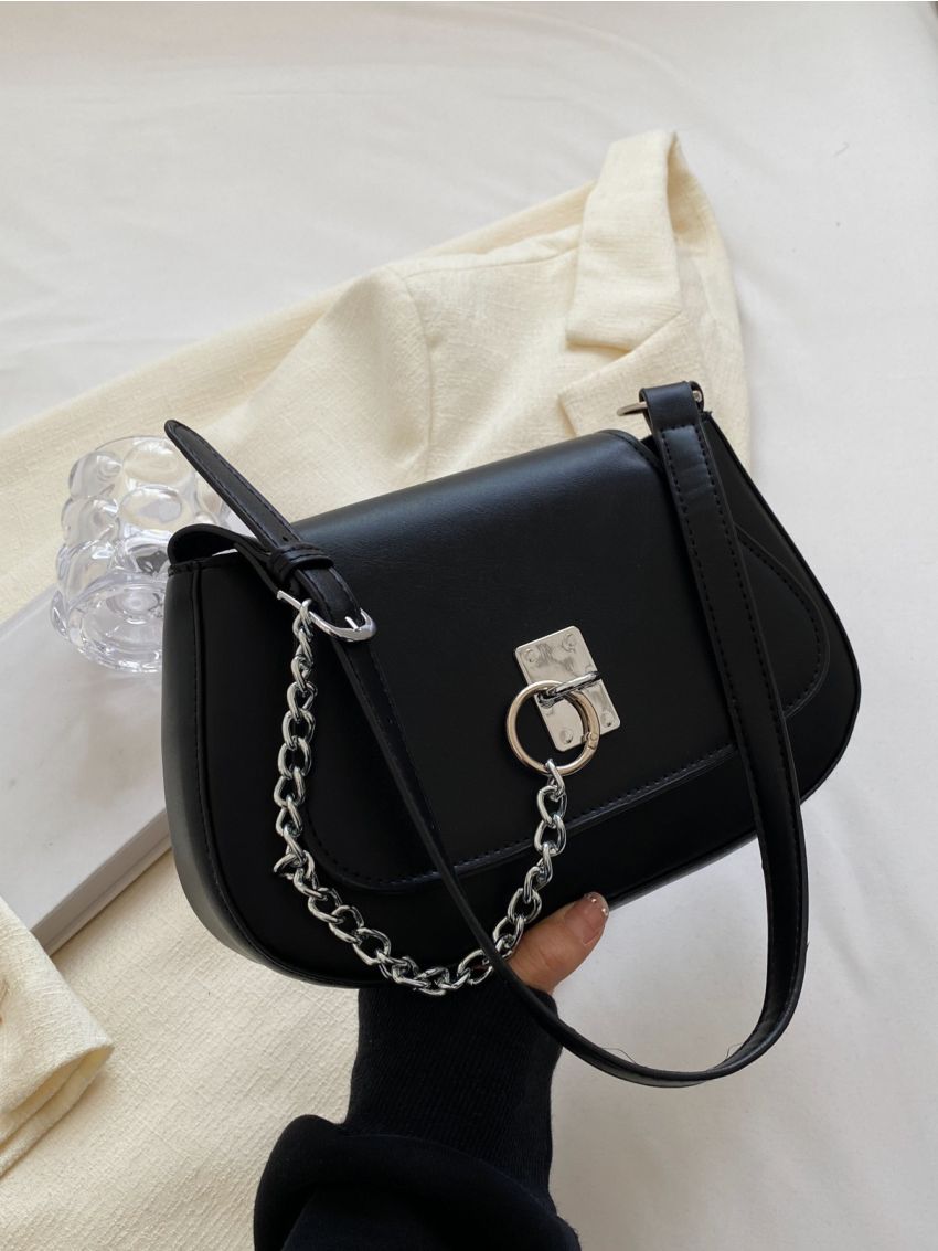 Medium Saddle Bag Black Chain Decor Flap For Daily