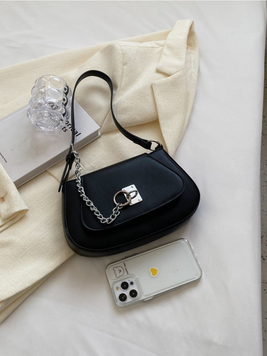 Medium Saddle Bag Black Chain Decor Flap For Daily