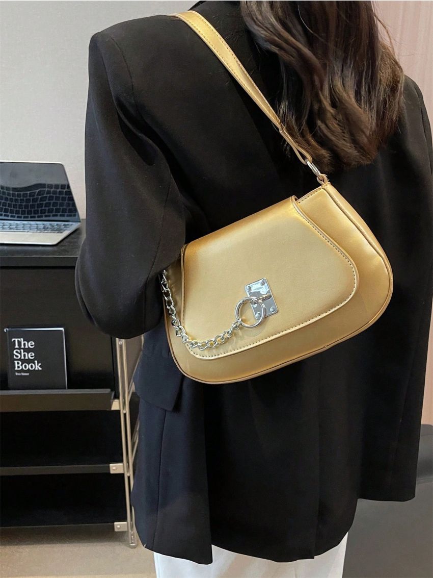 Medium Saddle Bag Gold Chain Decor Top Handle For Daily