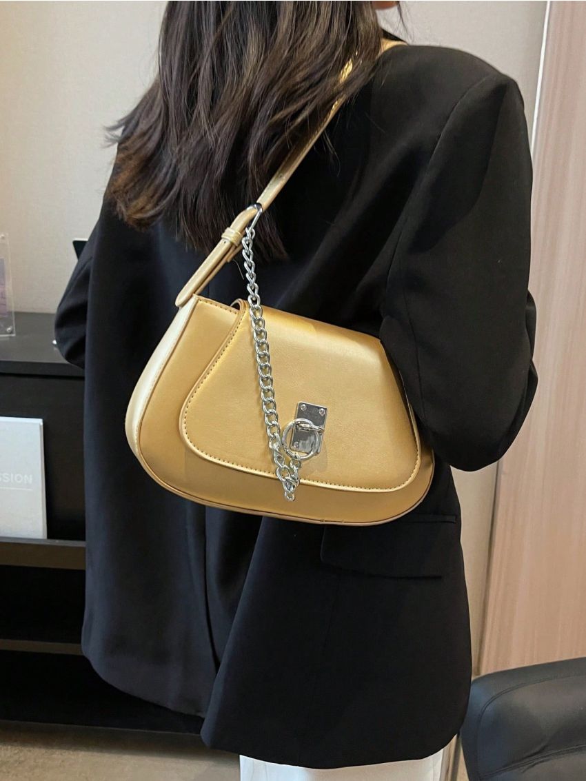 Medium Saddle Bag Gold Chain Decor Top Handle For Daily