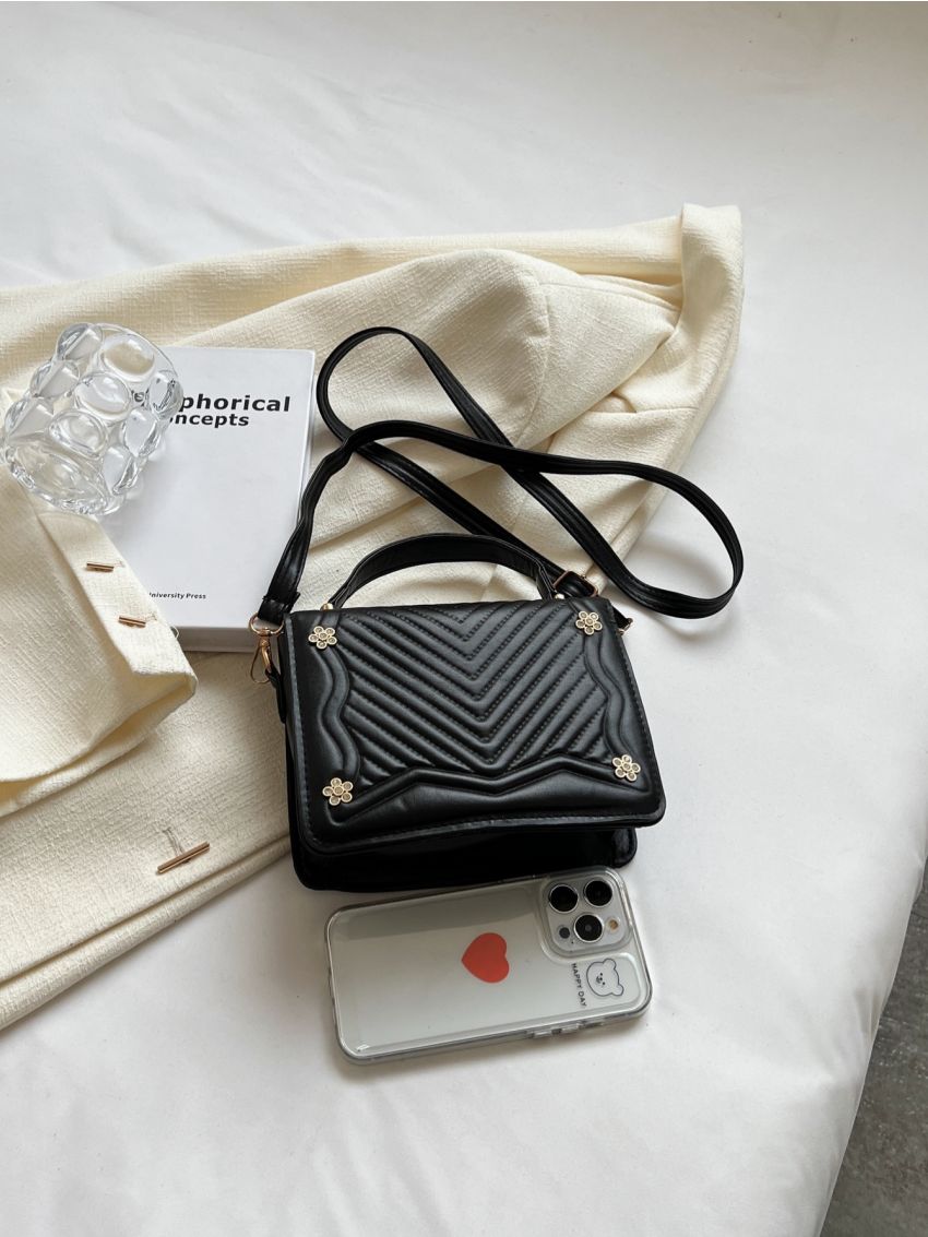 Rhinestone Decor Square Bag Mini Chevron Black