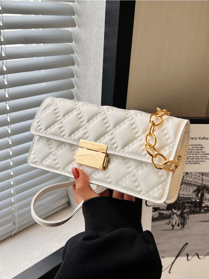 Small Baguette Bag Geometric Embossed Flap Chain PU