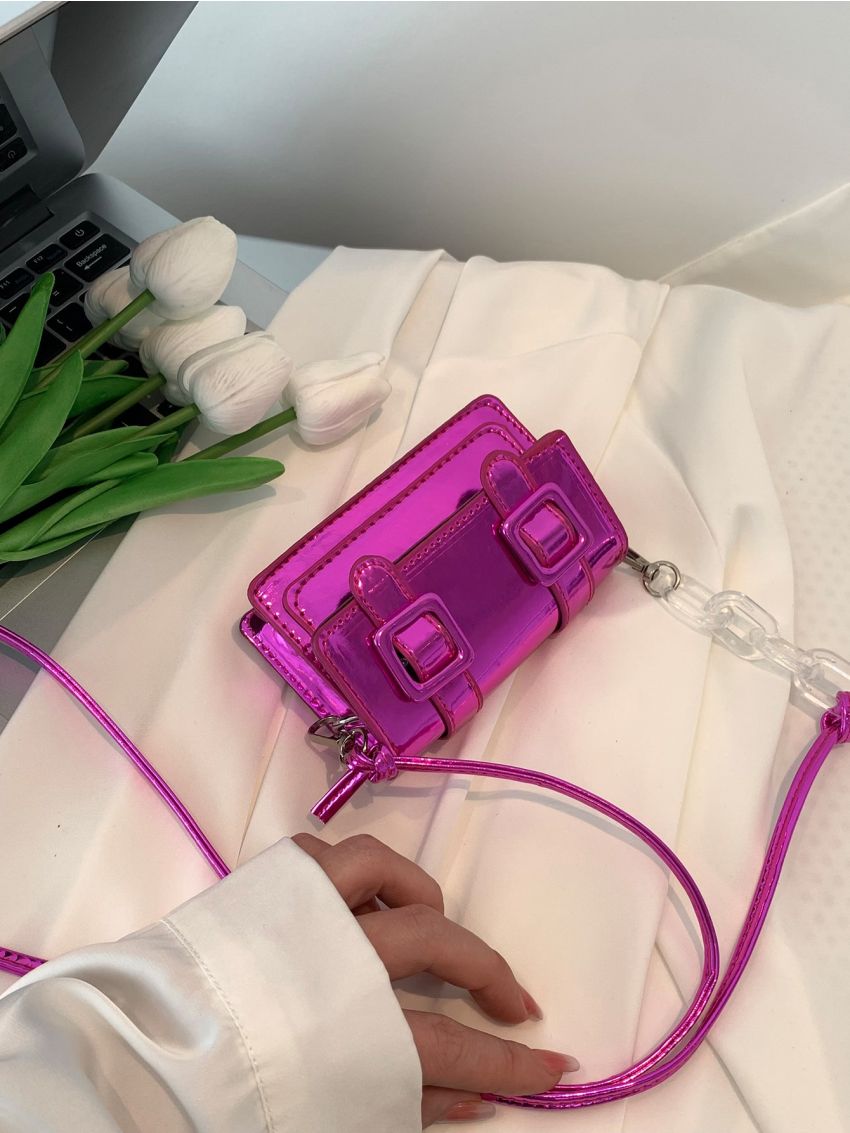 Mini Messenger Bag Buckle Decor Metallic PU Funky