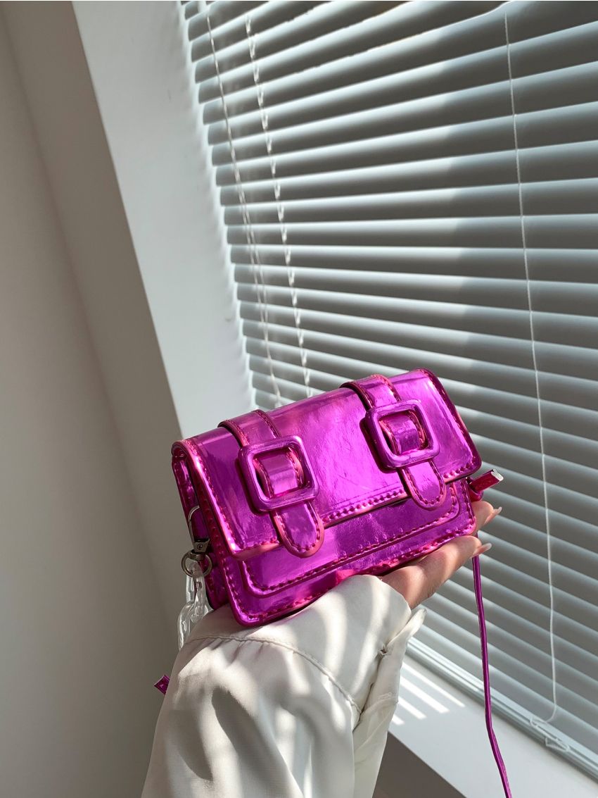 Mini Messenger Bag Buckle Decor Metallic PU Funky